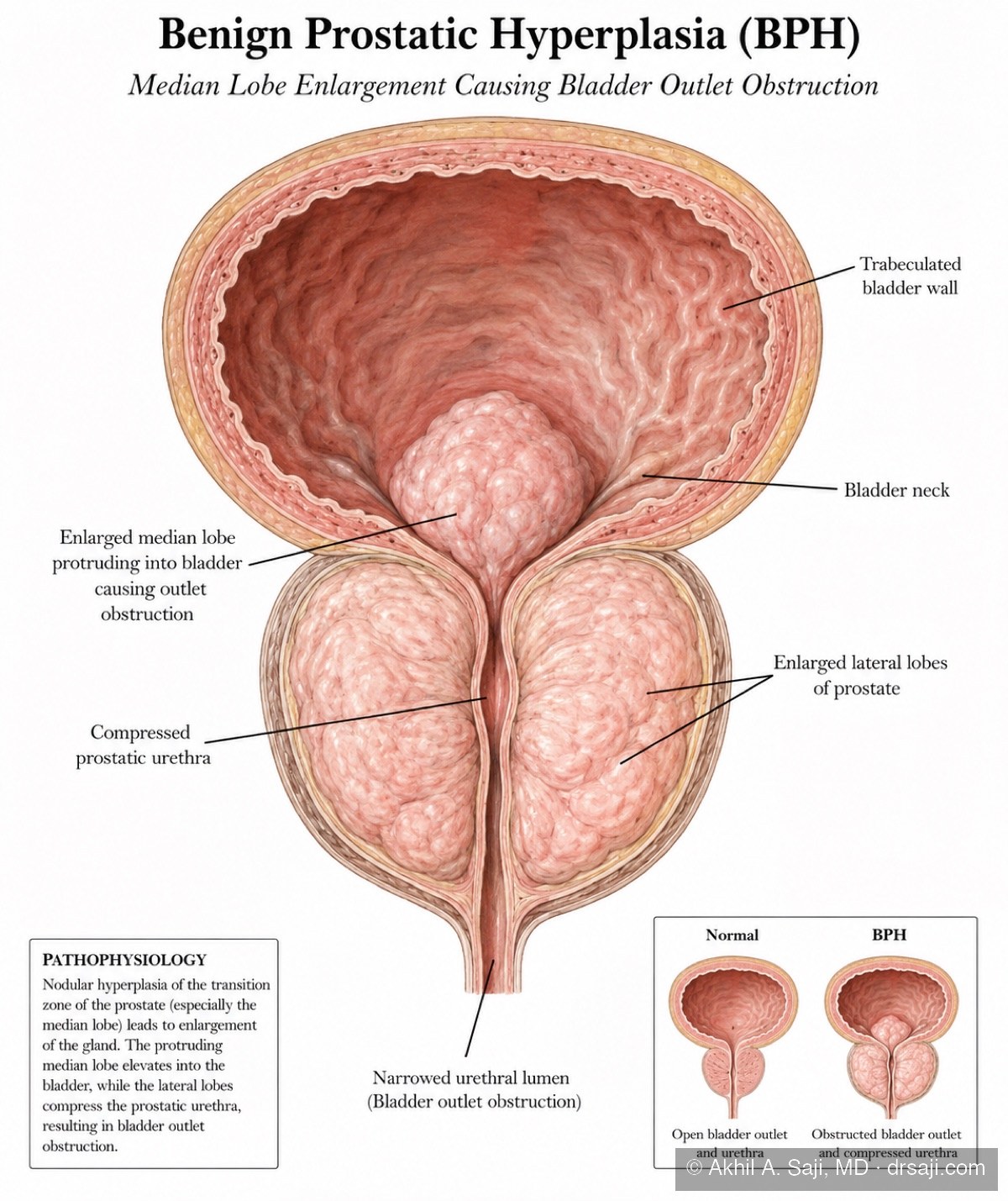 Illustration of benign prostatic hyperplasia: enlarged prostate lobes compressing the urethra and obstructing the bladder outlet
